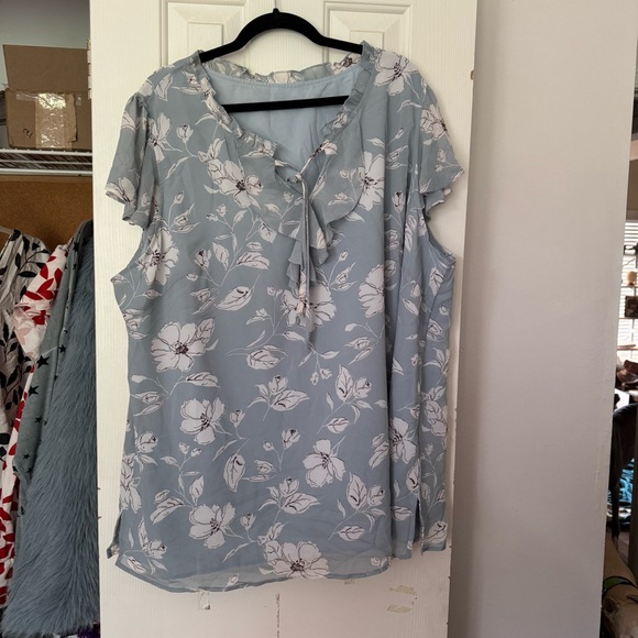BloomChic Tops - BloomChic Floral Ruffle Blouse - Light Blue